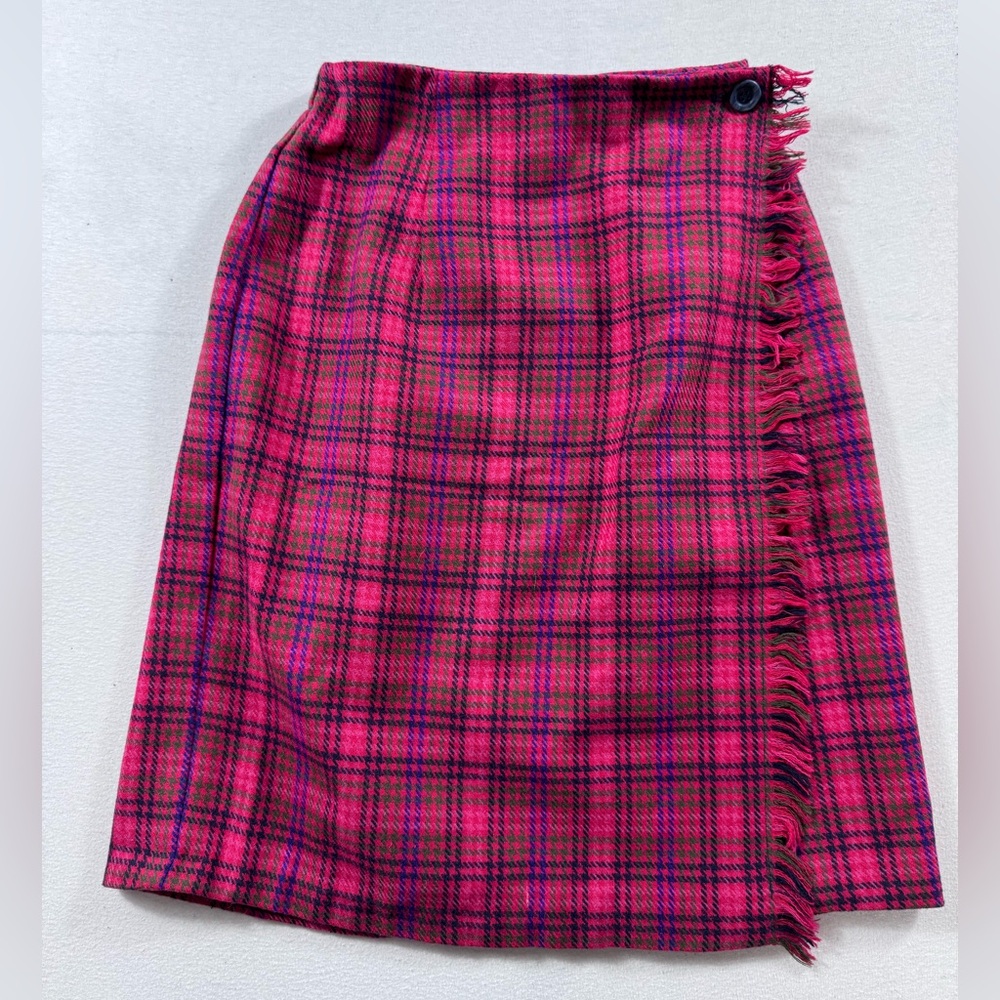Carol Anderson Collection Vintage Wool Plaid Wrap Skirt Size 4 Fringe